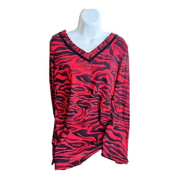 Dana Buchman Women's Long Sleeve Top 1X Red Black Tiger Animal Print V Neck - Picture 7 of 11